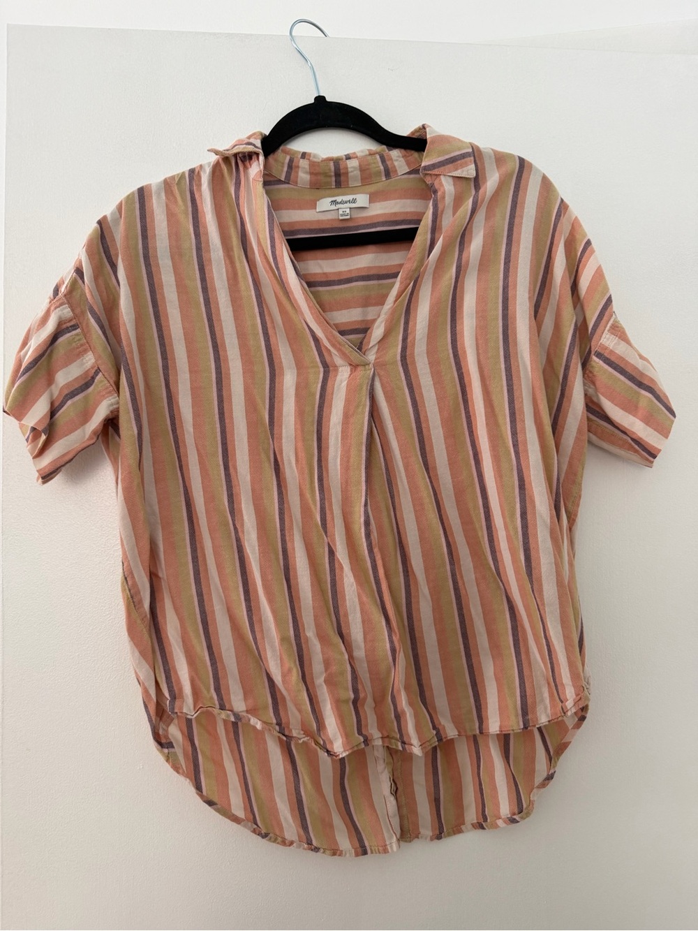 Madewell Peach Multi Striped V-Neck Short Sleeve Top